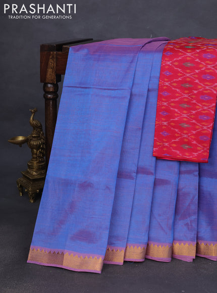Mangalgiri Silk Cotton saree dual shade of blue and dark pink with plain body and zari woven border