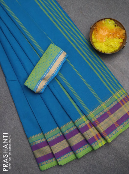 10 yards chettinad cotton saree cs blue and light green with plain body and thread woven border