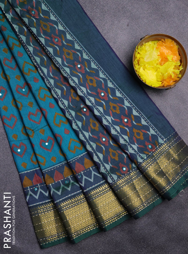 Semi tussar saree dual shade of teal green and dual shade of violet with allover ikat prints & mirror work and kantha stitch work border