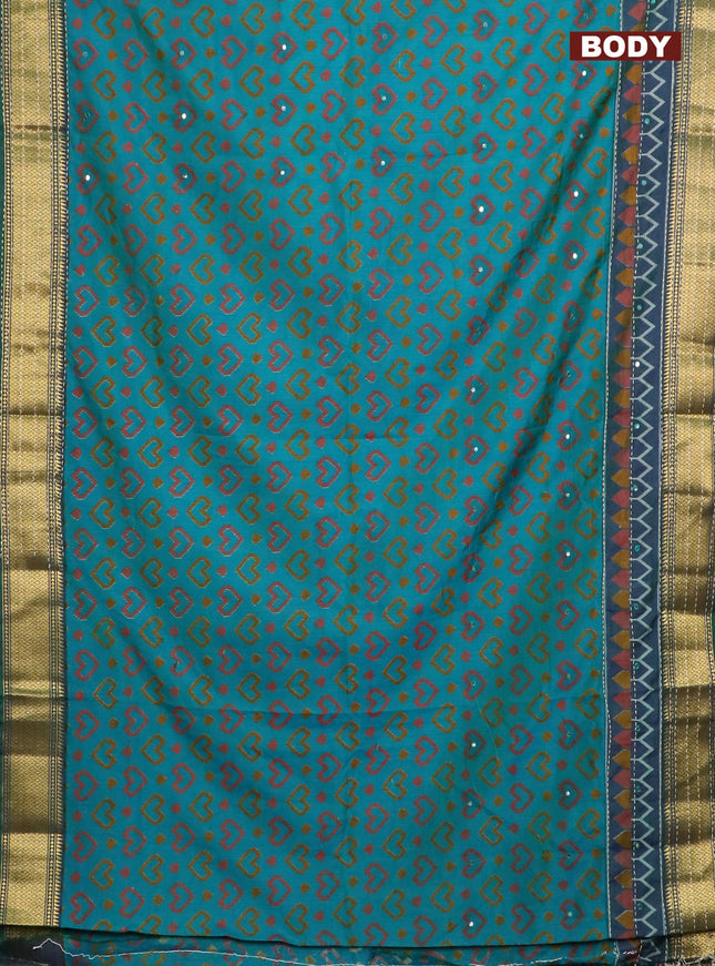 Semi tussar saree dual shade of teal green and dual shade of violet with allover ikat prints & mirror work and kantha stitch work border