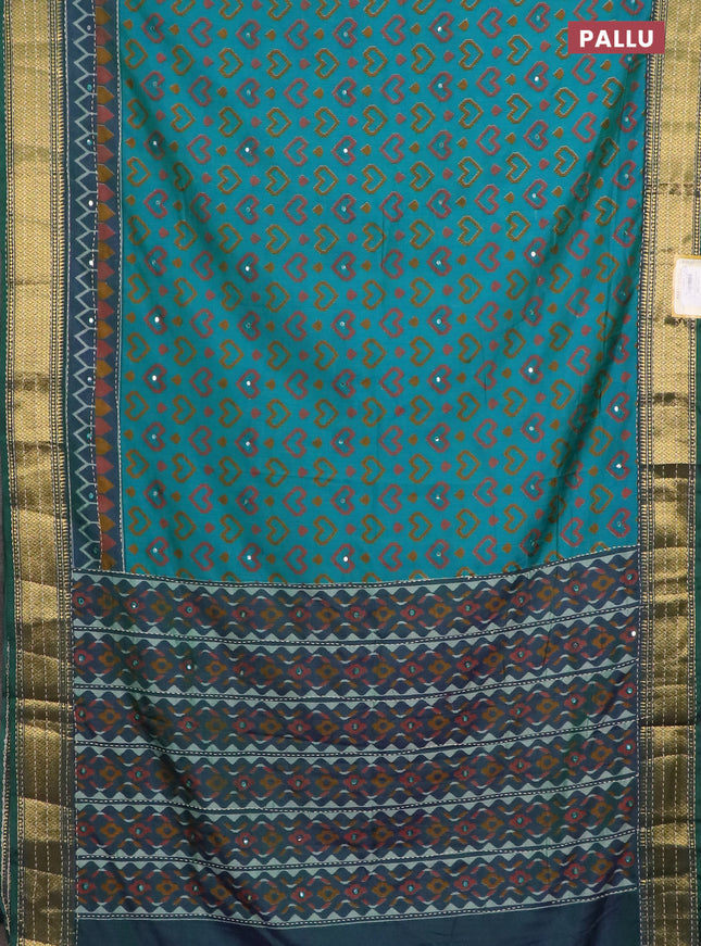 Semi tussar saree dual shade of teal green and dual shade of violet with allover ikat prints & mirror work and kantha stitch work border