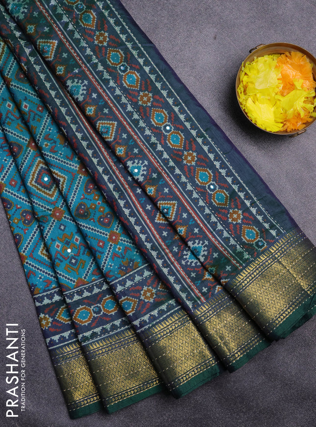 Semi tussar saree dual shade of teal green and dual shade of greenish violet with allover ikat prints & mirror work and kantha stitch work border