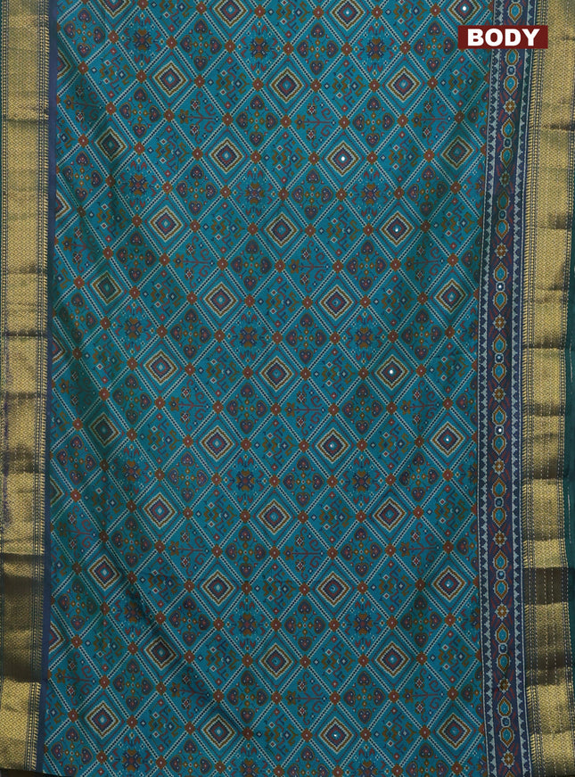 Semi tussar saree dual shade of teal green and dual shade of greenish violet with allover ikat prints & mirror work and kantha stitch work border
