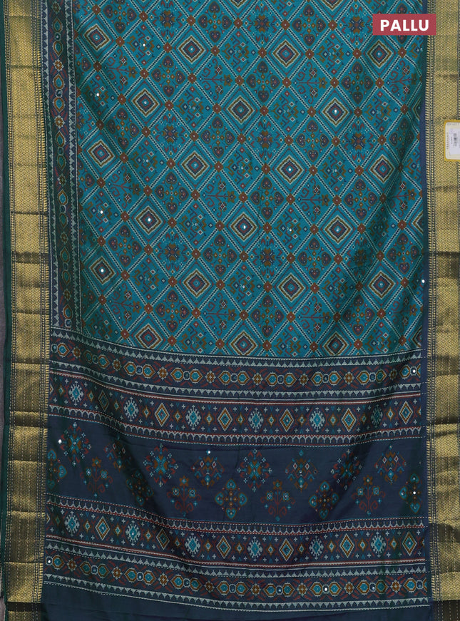 Semi tussar saree dual shade of teal green and dual shade of greenish violet with allover ikat prints & mirror work and kantha stitch work border