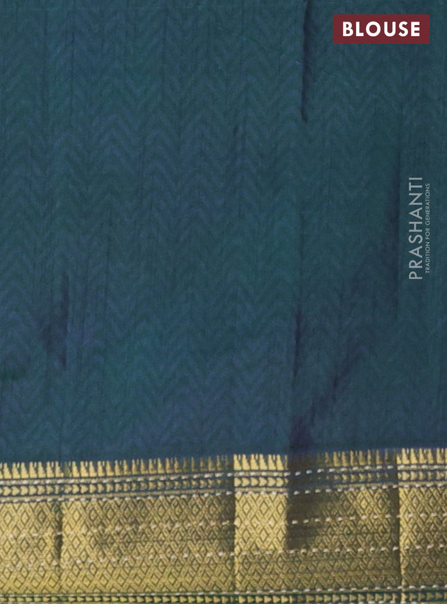 Semi tussar saree dual shade of teal green and dual shade of greenish violet with allover ikat prints & mirror work and kantha stitch work border