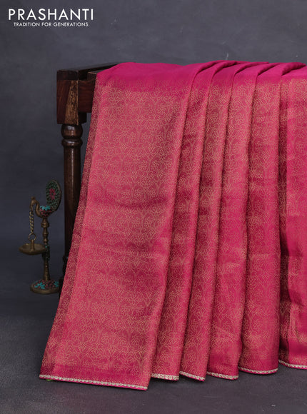 Banarasi semi crepe saree pink with allover zari woven brocade weaves and lace work border