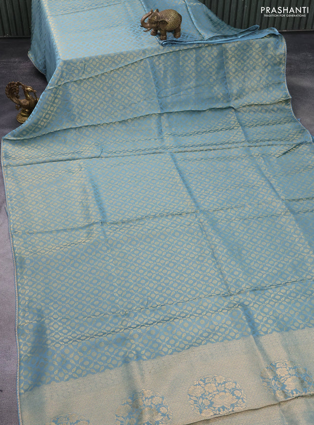 Banarasi semi crepe saree pastel blue with allover zari woven brocade weaves and lace work border