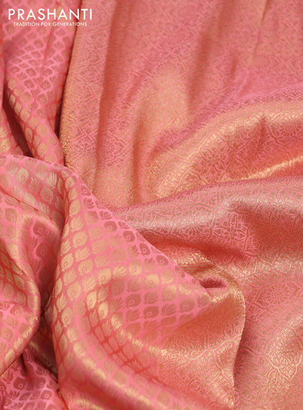 Banarasi semi crepe saree peach pink with allover zari woven brocade weaves and lace work border