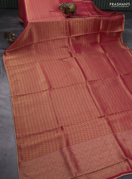 Banarasi semi crepe saree pink with allover zari woven brocade weaves and lace work border