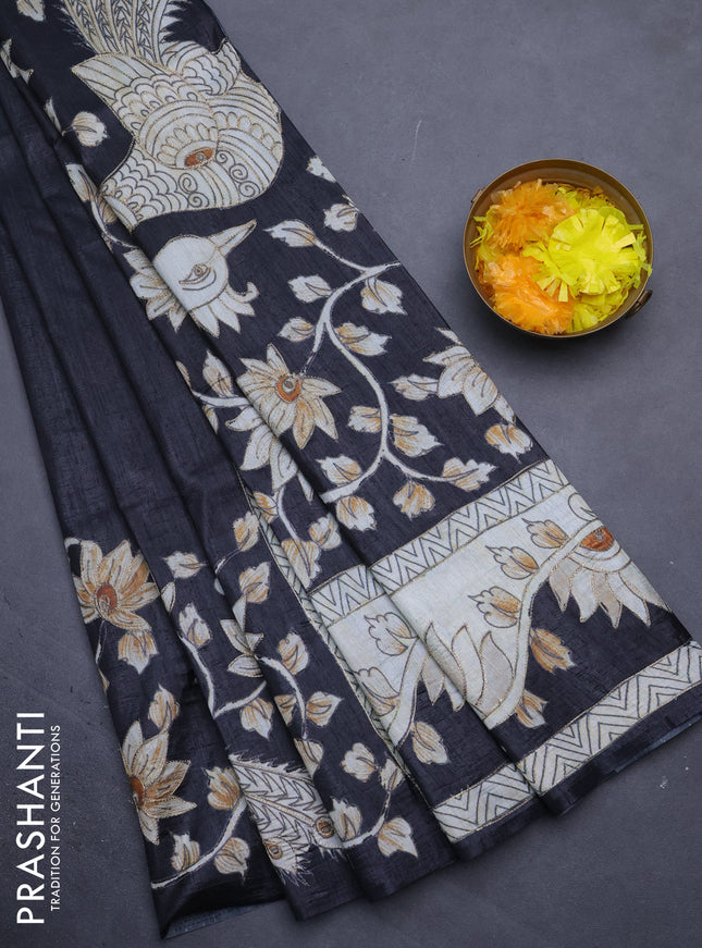 Semi tussar saree black with kalamkari prints & pita work in borderless style