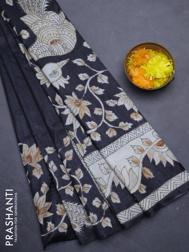 Semi tussar saree black with kalamkari prints & pita work in borderless style