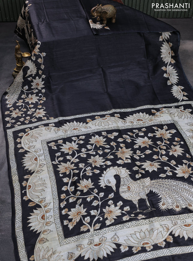 Semi tussar saree black with kalamkari prints & pita work in borderless style
