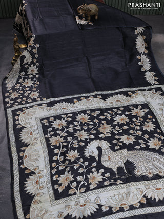 Semi tussar saree black with kalamkari prints & pita work in borderless style