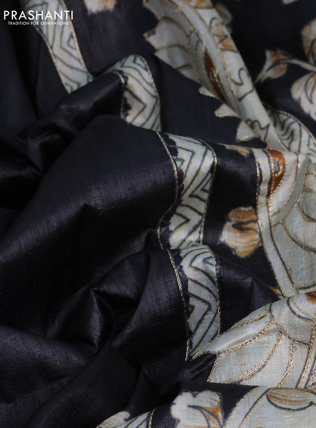 Semi tussar saree black with kalamkari prints & pita work in borderless style