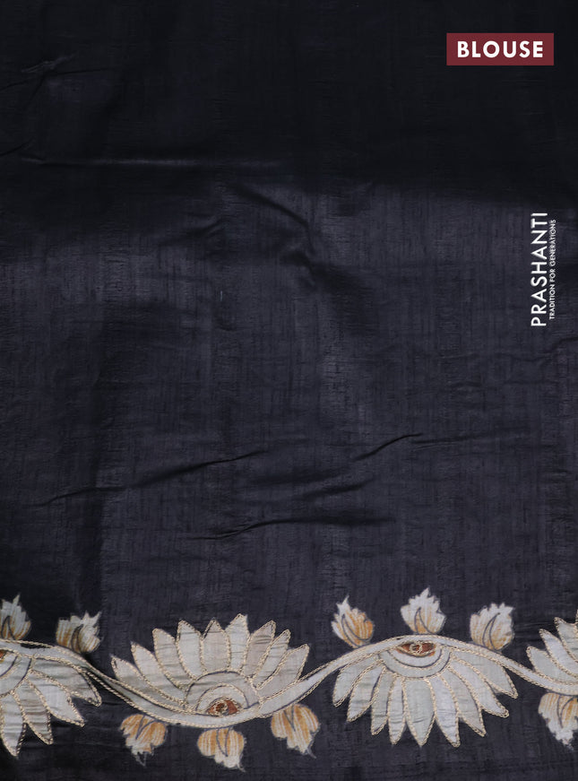 Semi tussar saree black with kalamkari prints & pita work in borderless style