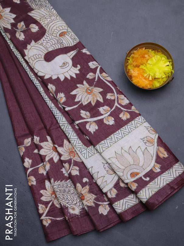 Semi tussar saree maroon with kalamkari prints & pita work in borderless style