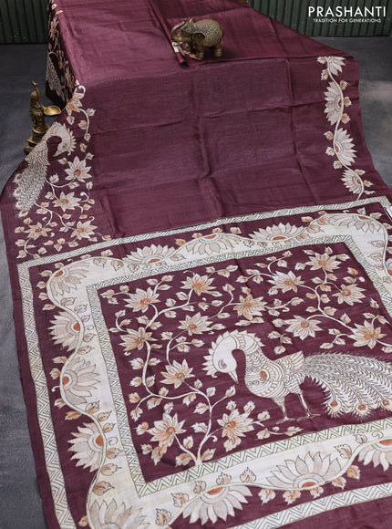 Semi tussar saree maroon with kalamkari prints & pita work in borderless style