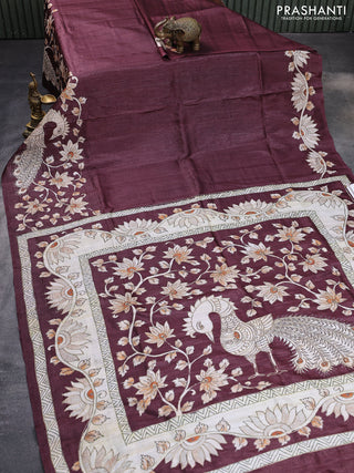 Semi tussar saree maroon with kalamkari prints & pita work in borderless style