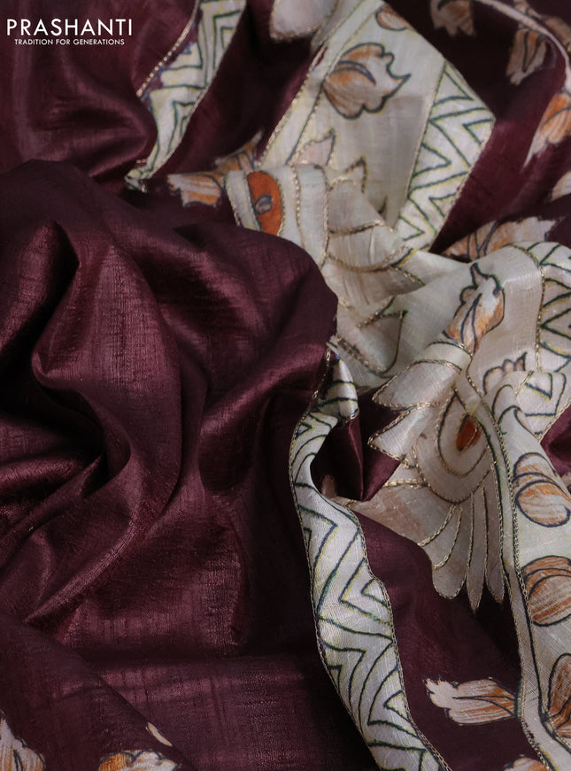 Semi tussar saree maroon with kalamkari prints & pita work in borderless style