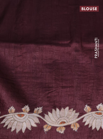 Semi tussar saree maroon with kalamkari prints & pita work in borderless style