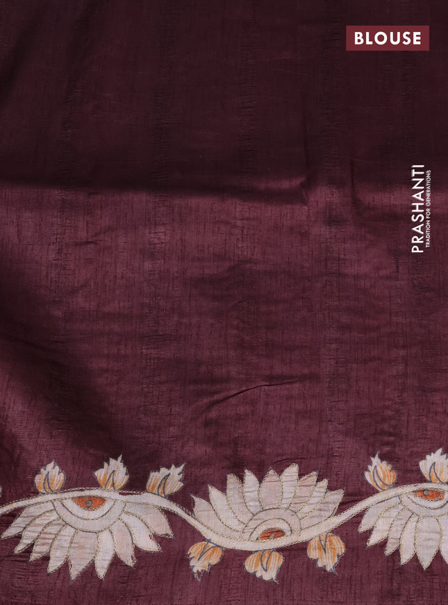 Semi tussar saree maroon with kalamkari prints & pita work in borderless style