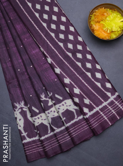 Semi tussar saree wine shade with allover mirror work and printed border