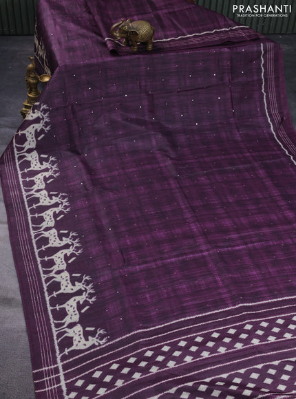 Semi tussar saree wine shade with allover mirror work and printed border
