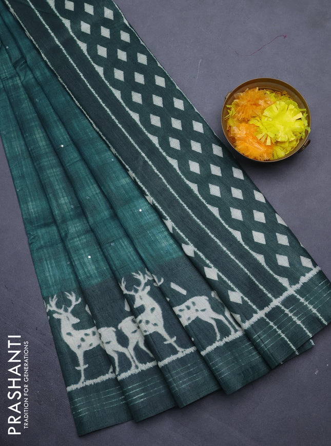 Semi tussar saree green shade with allover mirror work and printed border