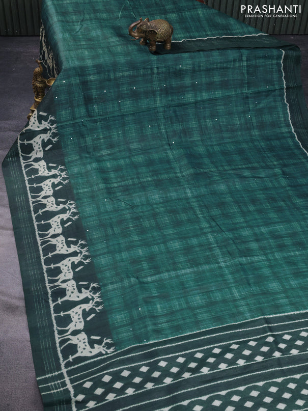 Semi tussar saree green shade with allover mirror work and printed border