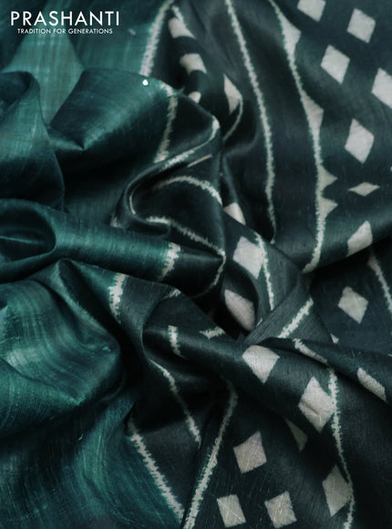 Semi tussar saree green shade with allover mirror work and printed border