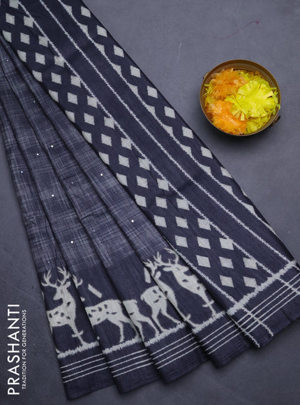 Semi tussar saree elephant grey with allover mirror work and printed border
