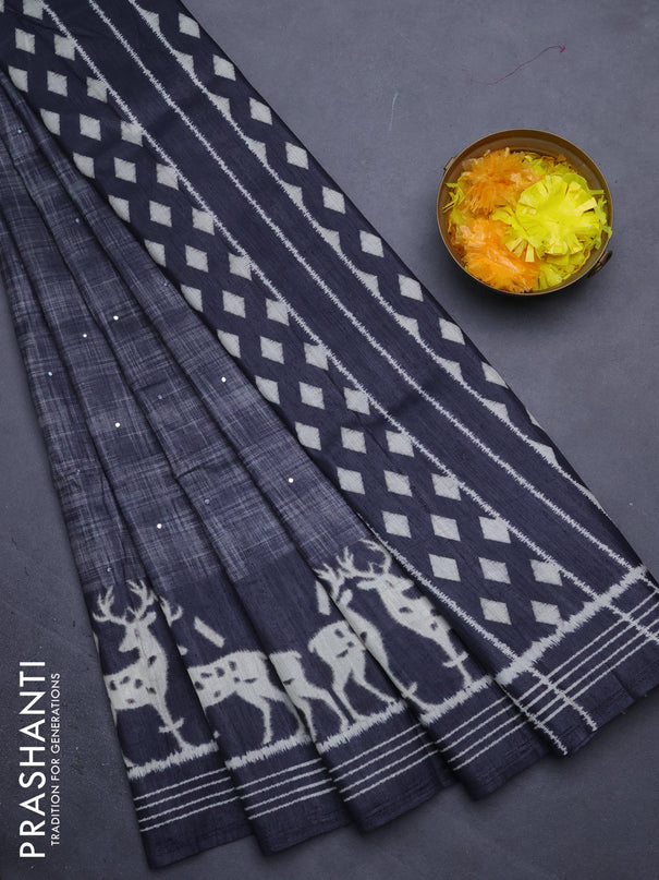 Semi tussar saree elephant grey with allover mirror work and printed border
