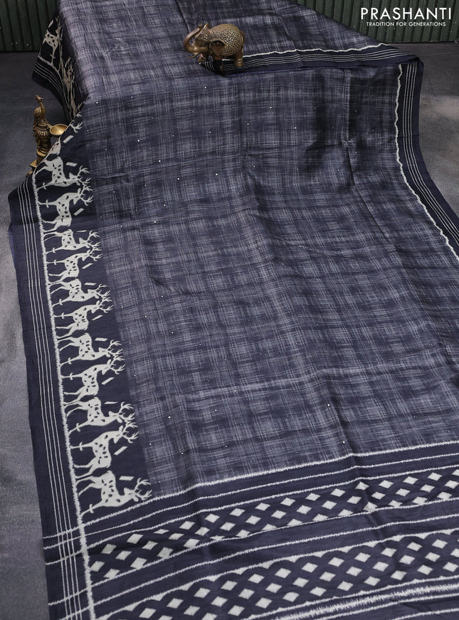 Semi tussar saree elephant grey with allover mirror work and printed border