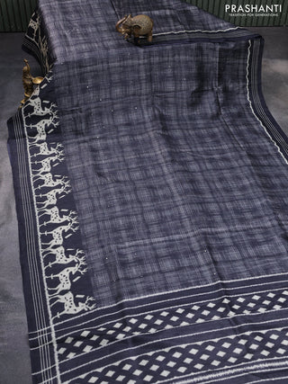 Semi tussar saree elephant grey with allover mirror work and printed border