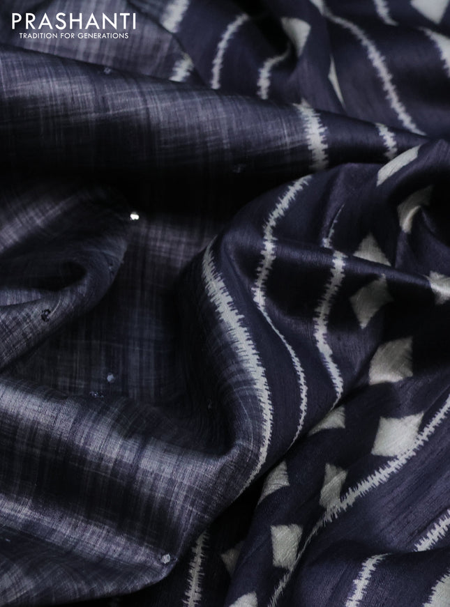 Semi tussar saree elephant grey with allover mirror work and printed border