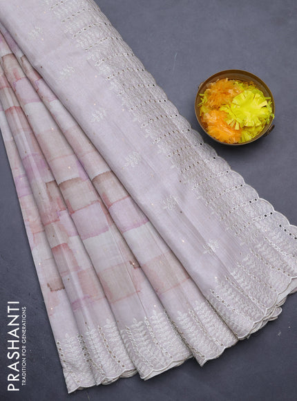 Semi tussar saree pastel shade with allover geometric prints and embroidery cut work border