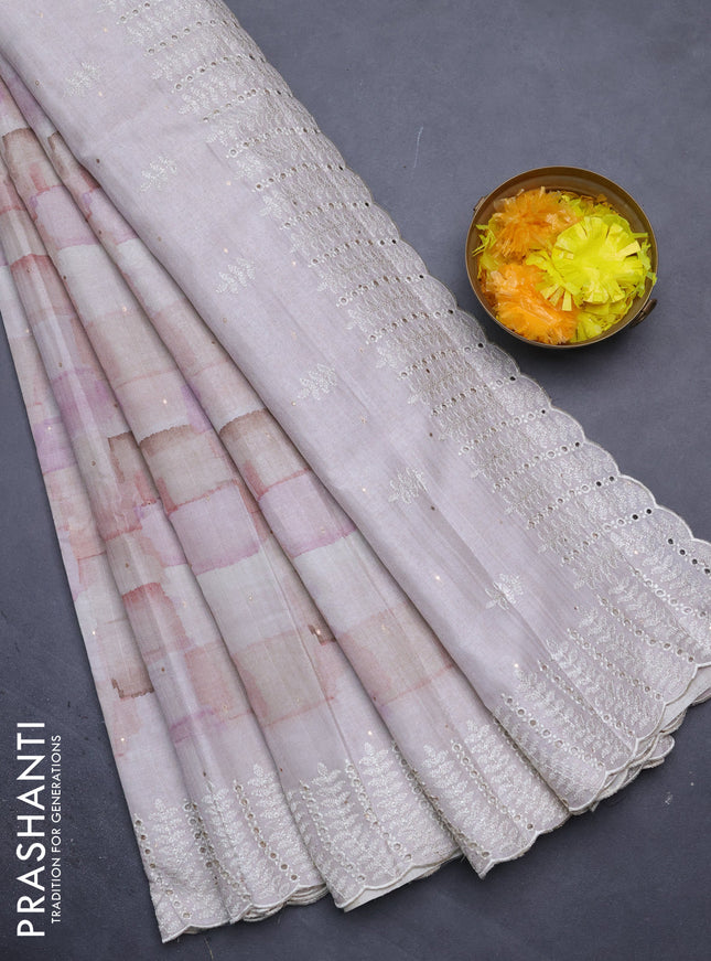 Semi tussar saree pastel shade with allover geometric prints and embroidery cut work border