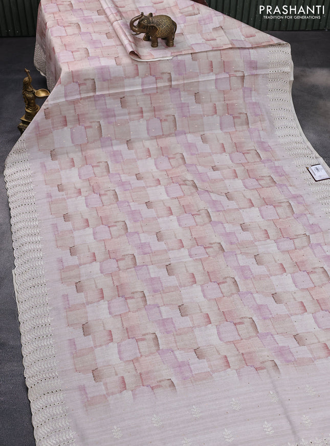Semi tussar saree pastel shade with allover geometric prints and embroidery cut work border