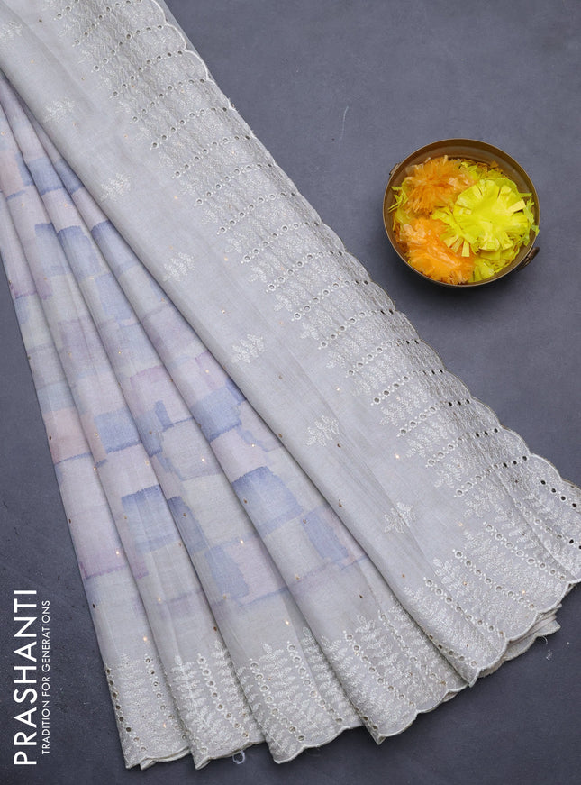 Semi tussar saree pastel grey with allover geometric prints and embroidery cut work border
