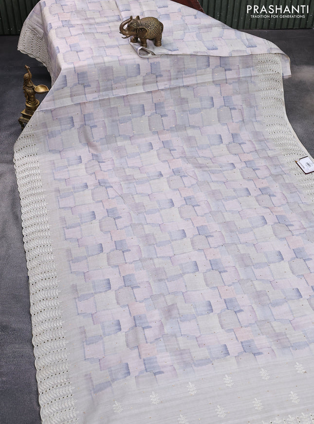 Semi tussar saree pastel grey with allover geometric prints and embroidery cut work border