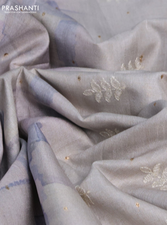 Semi tussar saree pastel grey with allover geometric prints and embroidery cut work border