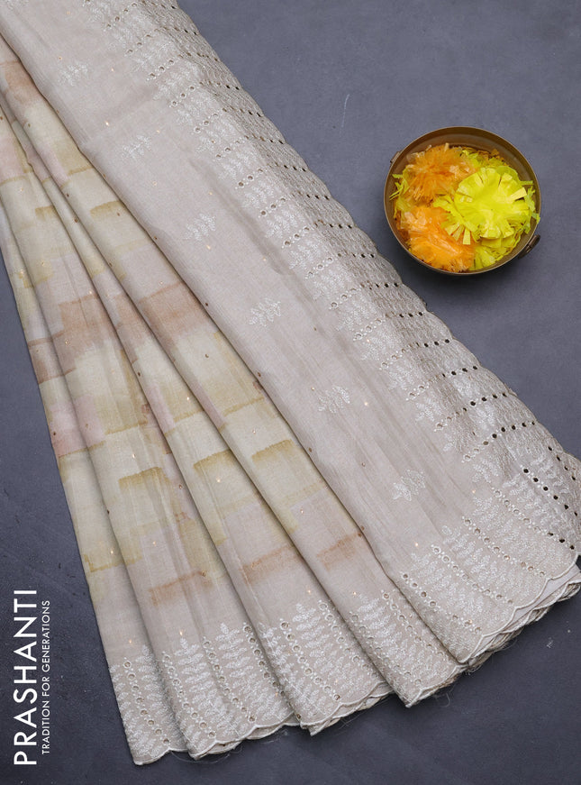 Semi tussar saree cream with allover geometric prints and embroidery cut work border
