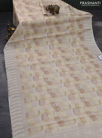 Semi tussar saree cream with allover geometric prints and embroidery cut work border