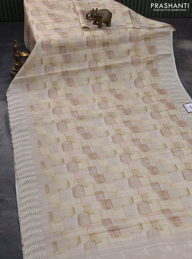 Semi tussar saree cream with allover geometric prints and embroidery cut work border