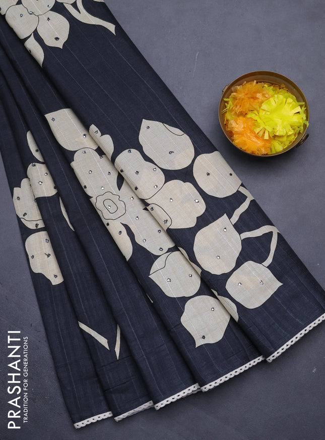 Semi tussar saree elephant grey and cream with prints & mirror work and lace work border