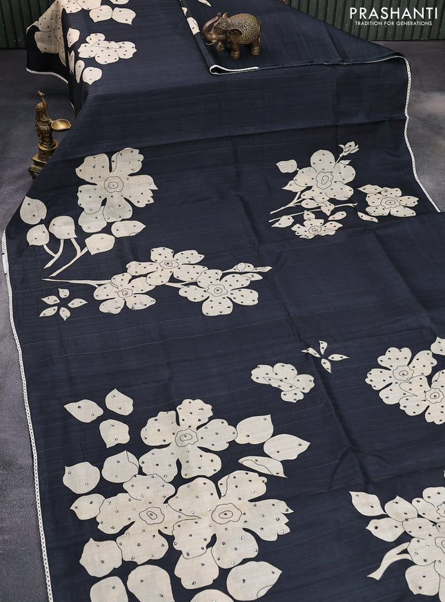 Semi tussar saree elephant grey and cream with prints & mirror work and lace work border