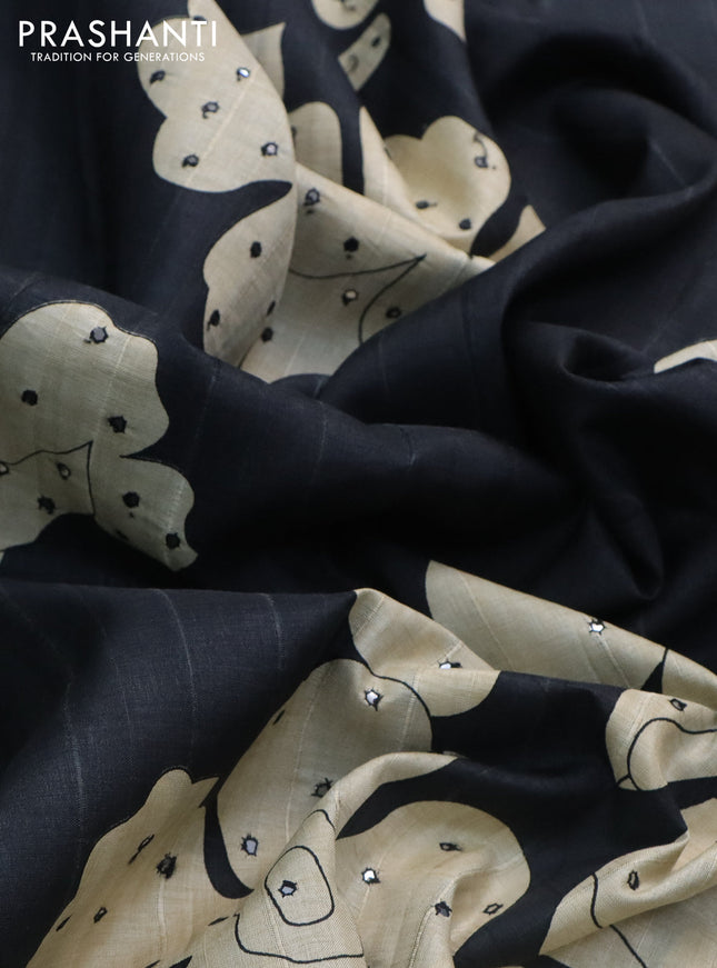 Semi tussar saree elephant grey and cream with prints & mirror work and lace work border