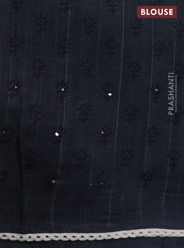 Semi tussar saree elephant grey and cream with prints & mirror work and lace work border