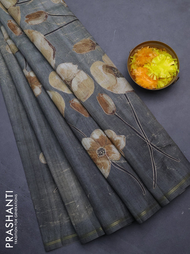 Semi tussar saree military green with floral prints and simple zari border