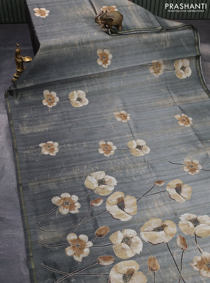 Semi tussar saree military green with floral prints and simple zari border